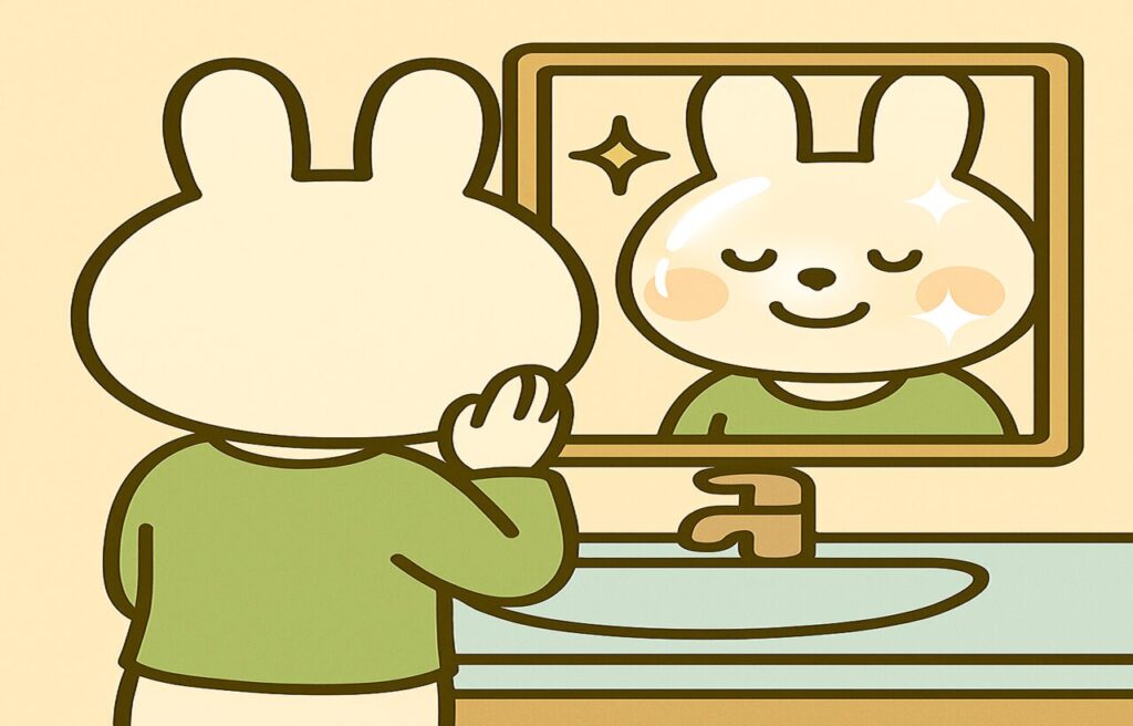 洗面所の鏡を見つめる白衣姿のみどりん（薬剤師うさぎ）。鏡に映る顔はたまご肌のようにツヤツヤと光沢があり、満足そうに微笑んでいる。